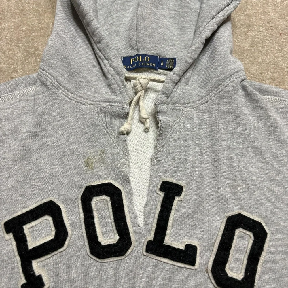 Polo Ralph Lauren Hoodie Sweatshirt Mens Large Gray POLO Logo Fleece Spellout